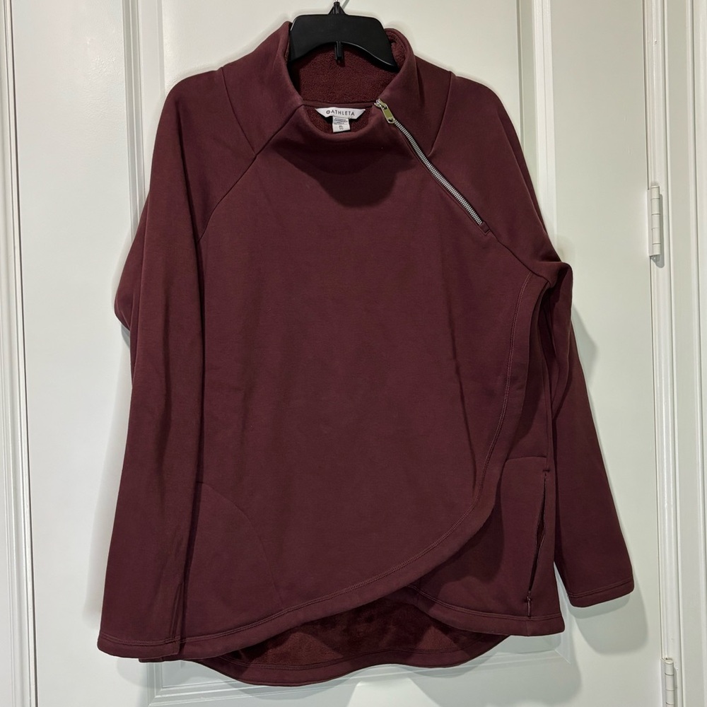 Athleta Cozy Karma ASYM Pullover Sweatshirt Burgundy Zip Neck Size Extra Large